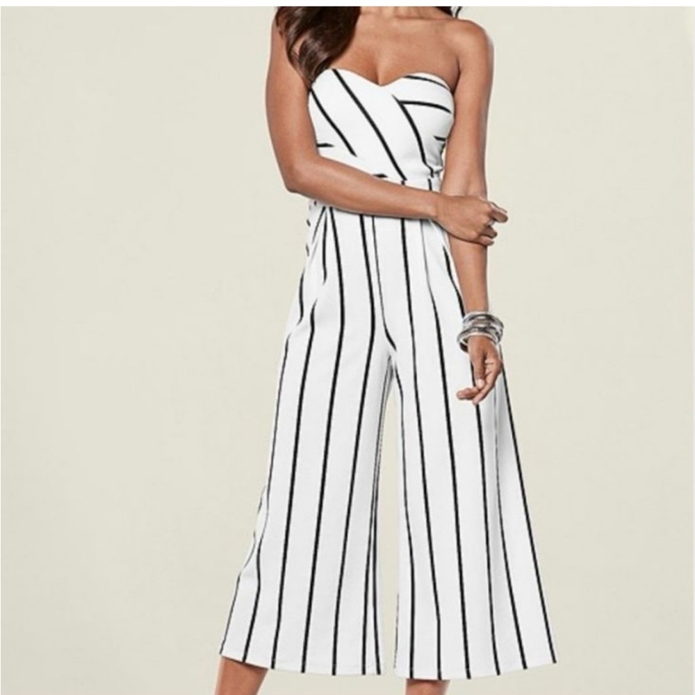 VENUS Black and White Striped Jumpsuit